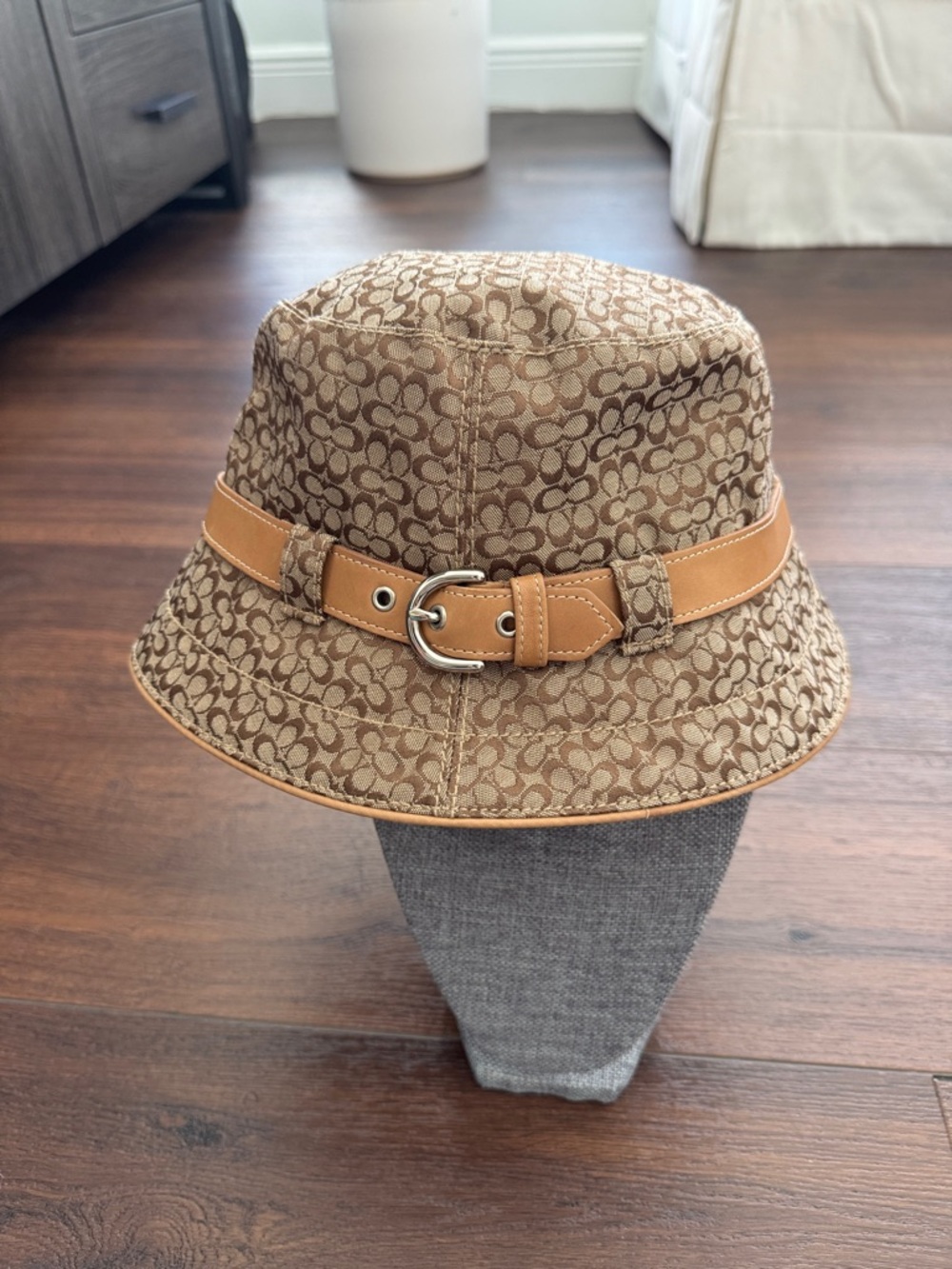 Coach Brown Monogram Bucket Hat with Tan Leather Trim size M/L silver hardware.